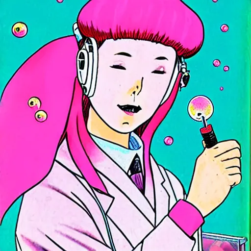 Image similar to realistic dark retro pulp sci - fi colored manga illustration of princess bubblegum by junji ito, with pink hair made of bubblegum, confident scientist performing experiments in her lab