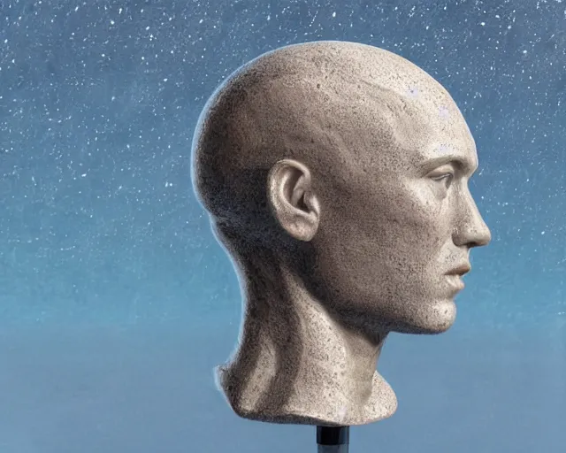 Image similar to a sculpture of a human head in space on the surface of the ocean, in the style of chad knight, hyper - realistic, very detailed, realistic water, ray tracing, 8 k resolution, long - shot, sharp focus, low angle, 8 5 mm photograph, wide lens