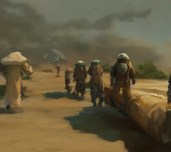 Image similar to five man going to the plane, close view, painting by craig mullins, octane rendering, soft morning lighting, wide angle lens, in the style of hayao miyazaki, trending on artstation,