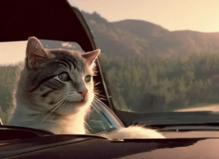 Image similar to A very high resolution image from a new movie, a cat driving a car around, inside of a car , mountains, Polaroid, directed by wes anderson