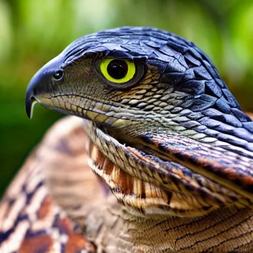 Image similar to snake and hawk morphed together, half snake half hawk, reptilian and avian features, real photo taken in zoo