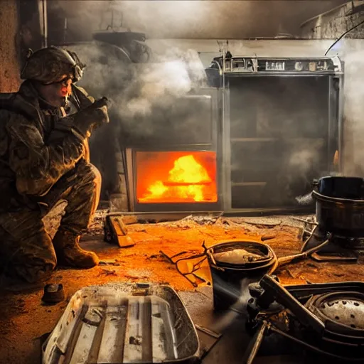 Image similar to soldier with toaster oven augmentation, dark messy smoke - filled cluttered workshop, dark, dramatic lighting, orange tint, sparks, cinematic, highly detailed, sci - fi, futuristic, movie still