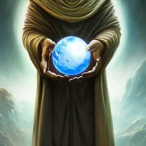 Image similar to creator of worlds wearing a cloak, masked, and holding a holographic planet projection in his hand, detailed, sci - fi, digital painting, artstation, sharp focus, illustration, ominous, artgerm, tomasz alen kopera, peter mohrbacher, donato giancola, joseph christian leyendecker, wlop, frank frazetta