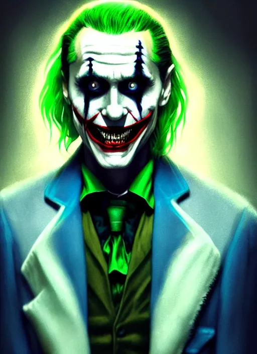 Image similar to portrait of jared leto as the joker, green hair, intricate, elegant, glowing lights, highly detailed, digital painting, artstation, concept art, sharp focus, illustration, art by wlop, mars ravelo and greg rutkowski