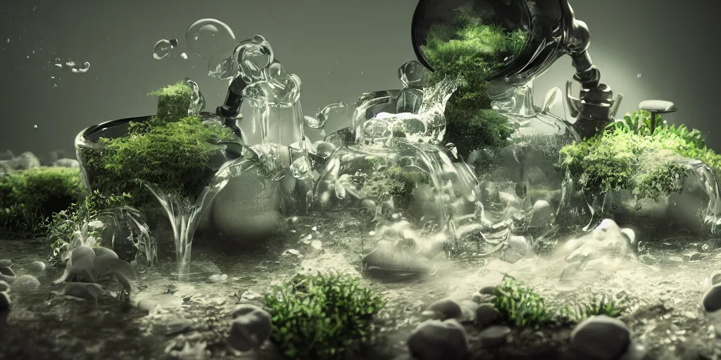 Image similar to terrarium photograph, a pipe flowing with milky liquid, central composition, fluid, ultra clear material, volumetric light, lightrays, cinematic, atmospheric, 3 d concept art, octane render, beautiful, cinematic lighting, intricate details.