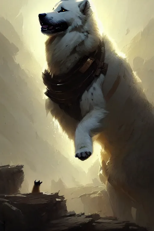 Image similar to greg rutkowski art poster, heroic samoyed. trending on artstation