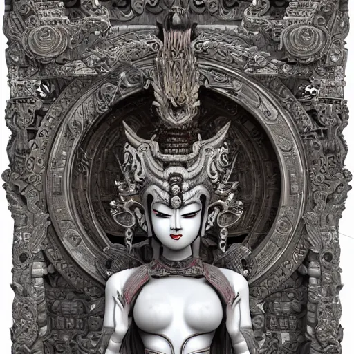 Image similar to naraka buddhist demon korean female, highly detailed, symmetrical long head, smooth marble surfaces, detailed ink illustration, raiden metal gear, cinematic smooth stone, deep aesthetic, concept art, post process, 4 k, carved marble texture and silk cloth, latex skin, highly ornate intricate details, in the style of 8 8 grzes