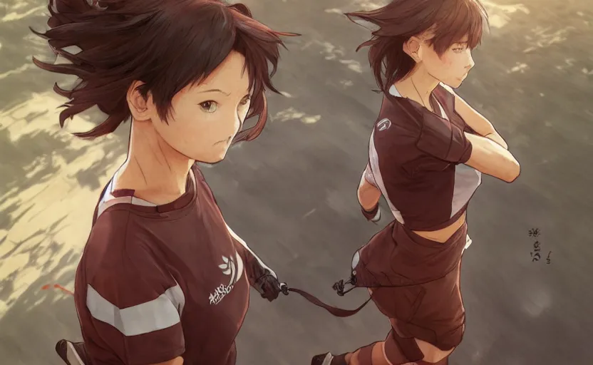 Image similar to a girl is running, red sport clothing, marathon, anime style, symmetrical facial features, brown short hair, hair down, from arknights, hyper realistic, rule of thirds, extreme detail, detailed 4 k drawing, safebooru, realistic lighting, by alphonse mucha, greg rutkowski, backlit