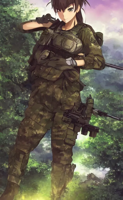 Prompt: girl, trading card front, soldier clothing, combat gear, realistic anatomy, concept art, professional, by ufotable studio, green screen, volumetric lights, stunning, military camp in the background, hayao miyazaki, anime studio mappa