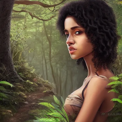 Image similar to A brown girl with black curly hair in a forest, highly detailed, artstation, 8k,