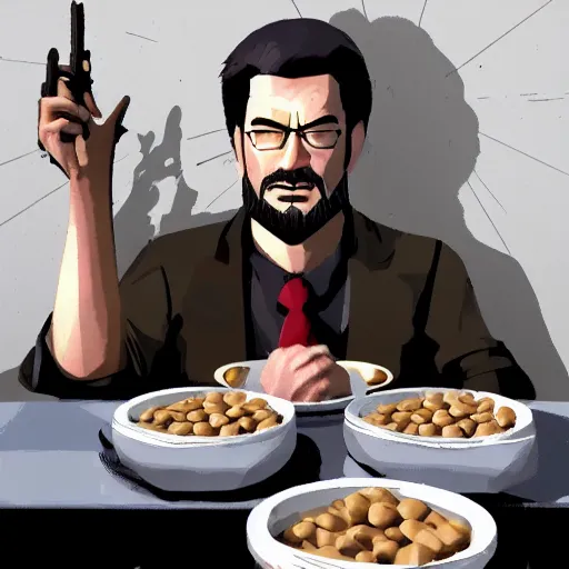 Prompt: jc denton from deus ex eats cereal at a table, liberty island, high quality, photorealistic, highly detailed face, 4 k, hd