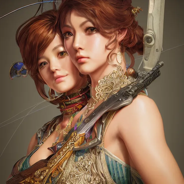 Prompt: the portrait of lawful neutral semi - colorful female archer socialite as absurdly beautiful, gorgeous, elegant, young gravure idol, an ultrafine hyperdetailed illustration by kim jung gi, irakli nadar, intricate linework, bright colors, octopath traveler, final fantasy, unreal engine 5 highly rendered, global illumination, radiant light, detailed and intricate environment