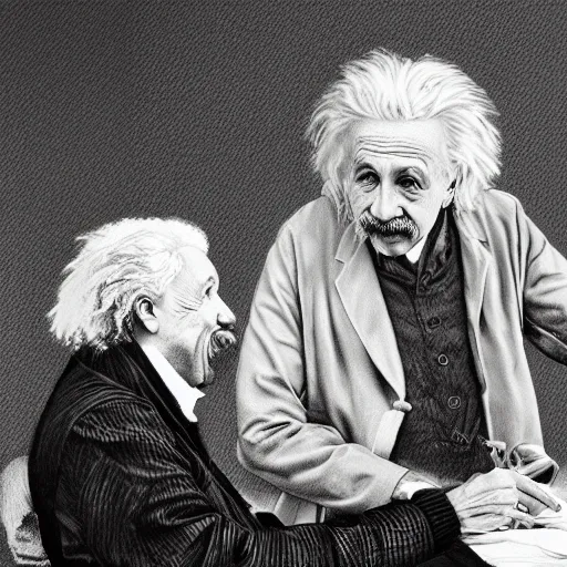 Image similar to Einstein and Newton speaks each other on a topic, pencil drawing, ultra detailed, octane render