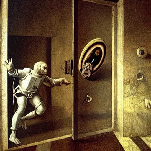 Image similar to photo - realism, space monkey and astronaut opening door that shows space and time created by davinci with extra detail, epic.