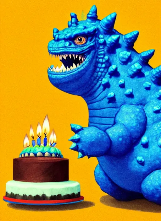 Prompt: portrait of a happy small fat blue godzilla with a birthday cake, wearing a three coloured cap with a propeller on top, intricate, elegant, candle light, highly detailed, digital painting, artstation, concept art, smooth, sharp focus, illustration, art by wlop, mars ravelo and greg rutkowski