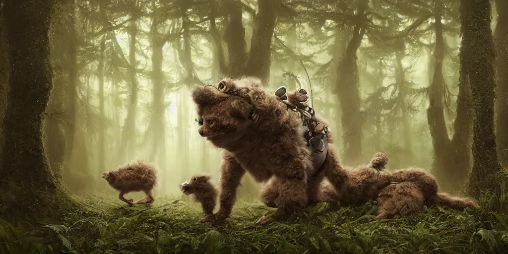 Image similar to an astronaut comes a across a strange creature, a furry animal with six legs covered in thick fur, in a forest, a detailed matte painting by frieke janssens, featured on cgsociety, fantasy art, matte painting, reimagined by industrial light and magic, matte drawing