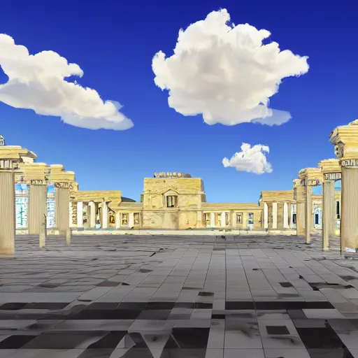 Prompt: HD detailed art on artstation, 1990s computer graphics rendered as marble floors and pillars, low-polygon floating geometric 3D objects, and a crisp blue sky background with some fluffy realistic clouds