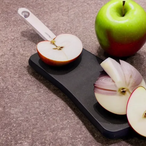 Image similar to set of balance scales with one apple in one side and one onion in the other