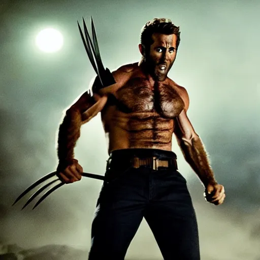 Prompt: Ryan Reynolds as Wolverine, movie still, cinematic lighting, epic action shot, aggressive