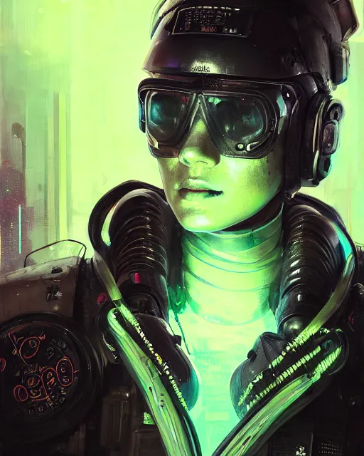Prompt: detailed portrait neon female swat officer, cyberpunk futuristic, neon, reflective puffy coat, decorated with traditional japanese by ismail inceoglu dragan bibin hans thoma greg rutkowski alexandros pyromallis nekro rene margitte, metro game, illustrated, perfect face, fine details, realistic shaded, fine - face, pretty face