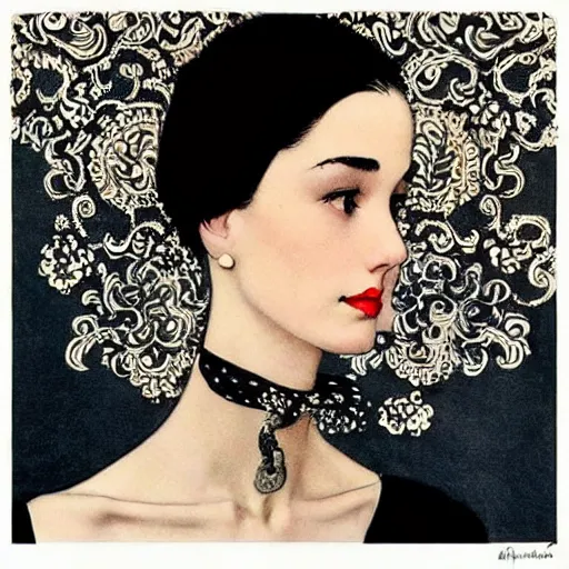 Prompt: elegant, fasionable sophisticated young emo woman in her early 2 0 s, intricate automatism, baroque, batik, ben - day dots by, norman rockwell, charles schulz, artgerm, vogue italia, trending on pinterest.