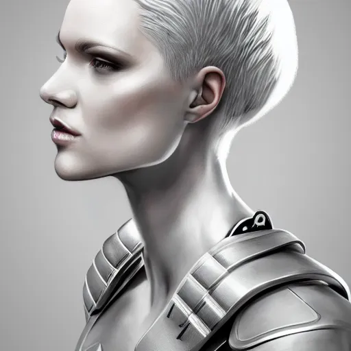 Image similar to portrait beautiful tall female cyborg, glamorous brilliant short white hair, wearing brutalist industrial military body armor, art by Joseph Cross, Trending on Artstation, digital art, highly detailed, intricate, sci-fi, sharp focus, Trending on Artstation HQ, deviantart, unreal engine 5, 4K UHD image