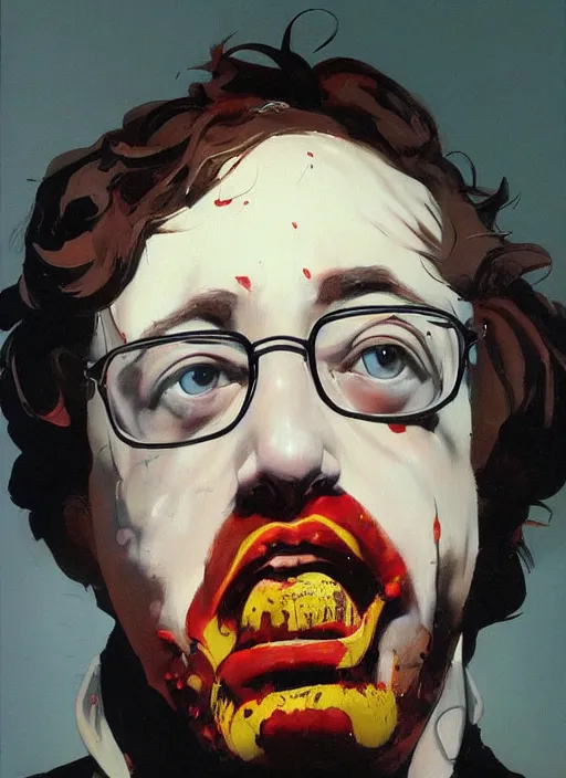 Image similar to bloated red faced sam hyde, straining, bulging eyes, painting by phil hale, fransico goya,'action lines '!!!, graphic style, visible brushstrokes, motion blur, blurry