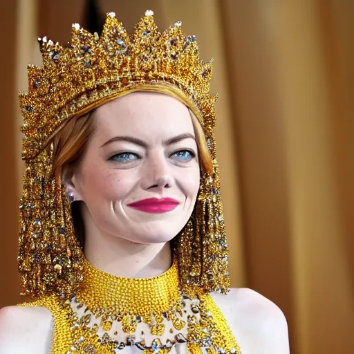 Prompt: A full body shot of Emma Stone wearing a golden Arabian crown , royality, high quality, fully detailed, 4k, in focus, detailed eyes