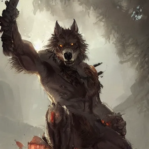 Prompt: a beautiful portrait of a werewolf warrior by Greg Rutkowski trending on Artstation