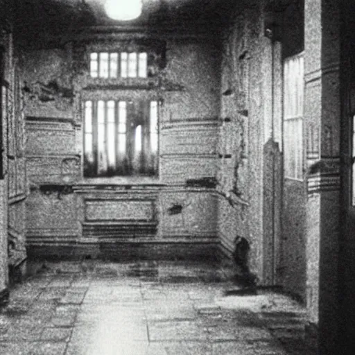 Image similar to an ominous lunatic insane asylum. still from blade runner