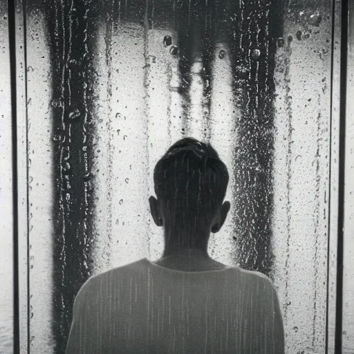 Prompt: young person looking through water wall, with clear glass, melancholic, sad, lots of raindrops, detailed, cinematic, dramatic lighting, by laszlo moholy - nagy