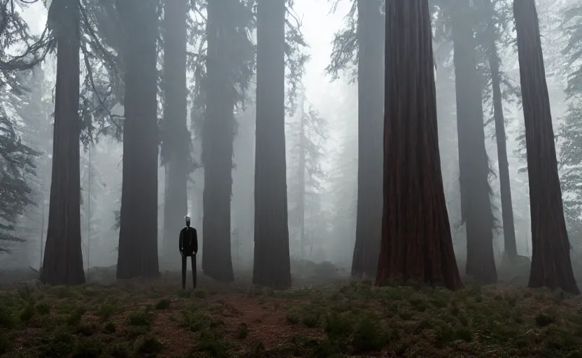 Prompt: 12 ft tall, faceless Slenderman standing in the forest, redwood sequoia trees, ominous foggy environment, best of artstation