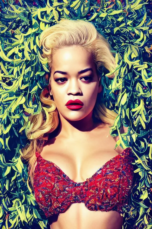 Prompt: photo of rita ora in the style of stefan kostic, realistic, half body shot, sharp focus, 8 k high definition, insanely detailed, intricate, elegant, art by stanley lau and artgerm, extreme bokeh light spring foliage