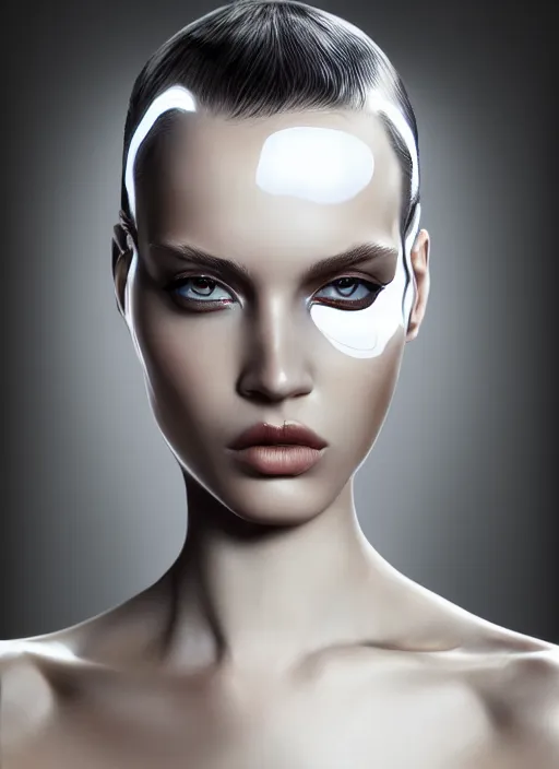 Prompt: a fierce nubile young woman with reflections in her eyes and slicked hair, painted with white paint, clear skin, futuristic, elegant, graceful, fashionable, cinematic, hyperdetailed illustration by irakli nadar and alexandre ferra, depth of field, global illumination,