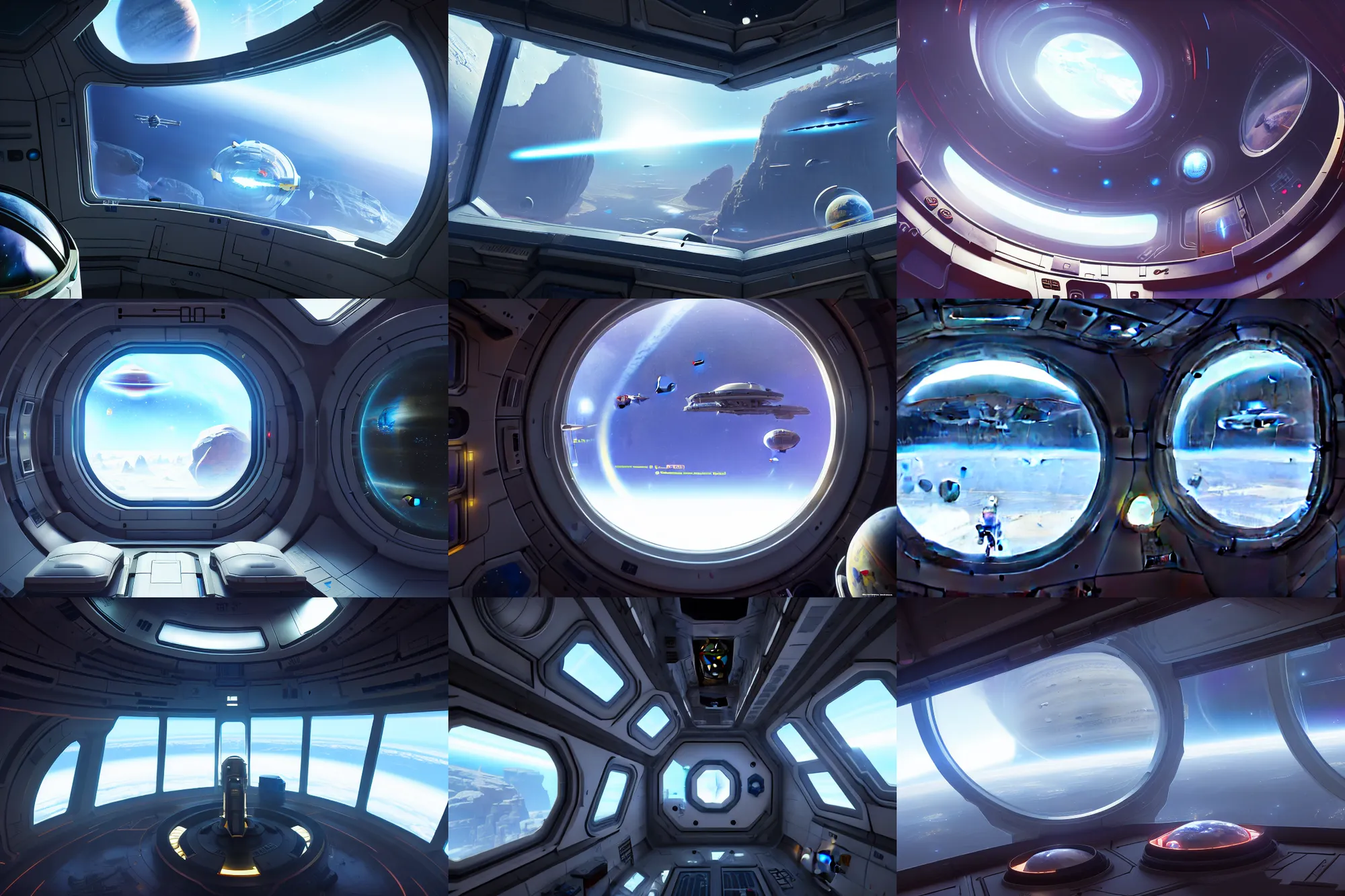 Image similar to interior of space base in orbit with a huge window, on the window you can see the planet below clearly, the planet is warm with canyons, sharp focus, concept art, very detailed, very realistic, trending on artstation, in the style of star citizen, star wars, overwatch, elite dangerous, beautiful, sci fi, unreal engine,