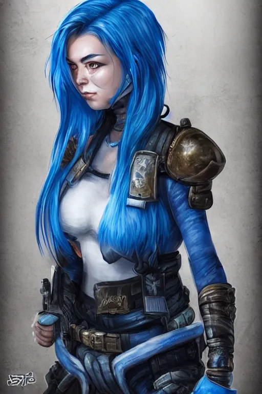 Image similar to female mercenary guard, bright blue hair, pretty face, ultra detailed, digital art, 8k ,character ,realistic, portrait, hyperrealistic