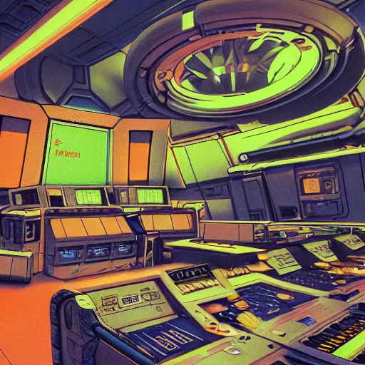 Prompt: starship control room, nostromo, modular, cassette futurist, alien 1 9 7 9, ron cobb, mike mignogna, highly detailed, orange safety labels, glowing buttons, green crt monitors, comic book, science fiction, punk, grunge, used future, hdr light realistic detail - - ar 1 6 : 9