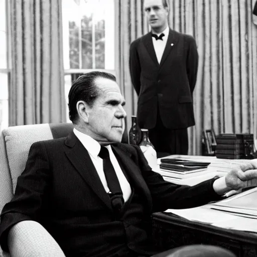 Prompt: Sad Richard Nixon drinking a bottle of vodka in the oval office, historical photo