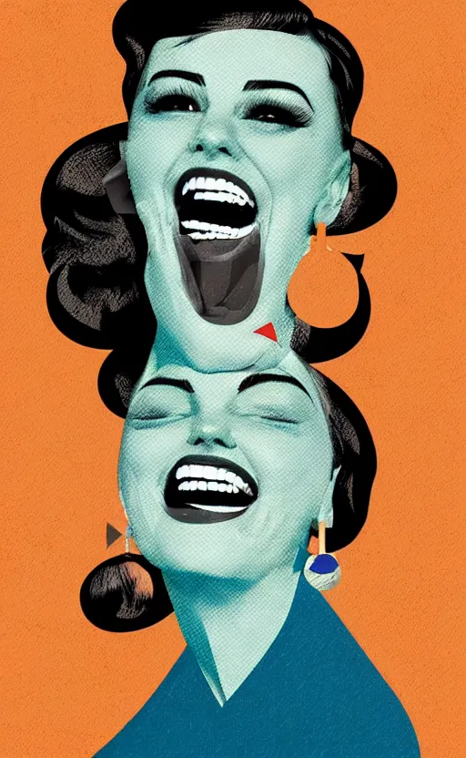 Image similar to illustration portrait of a woman with white buzzcut laughing out loud, art deco painting by tom whalen, funny meme photo, trending on behance, digital illustration, storybook illustration, grainy texture, flat shading, vector art, airbrush, pastel, watercolor, poster