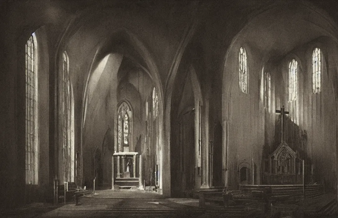 Image similar to in this church interior, vertical lines suggest spirituality, rising beyond human reach toward the heavens. work of art claymation intact flawless ambrotype from 4 k criterion collection remastered cinematography gory horror film, ominous lighting, evil theme wow photo realistic postprocessing sequestered corner of a garden within a castle walls painting by grant wood