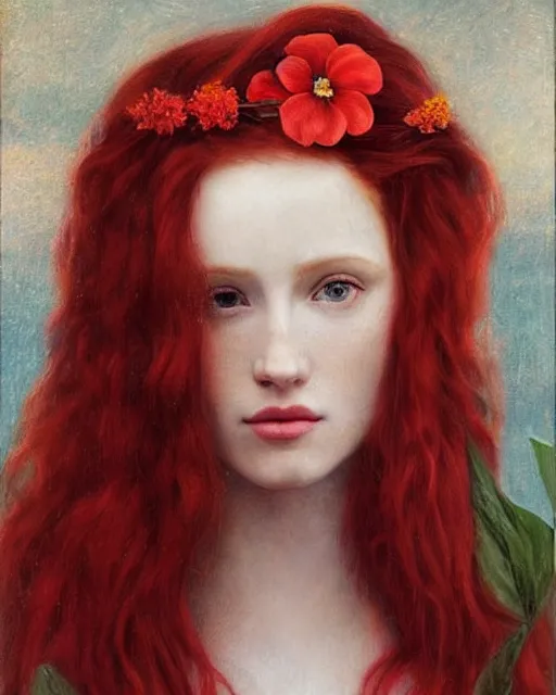 Image similar to a woman with long red hair and a flower in her hair, a photorealistic painting by Carla Wyzgala, pinterest, pre-raphaelitism, pre-raphaelite, enchanting, chiaroscuro