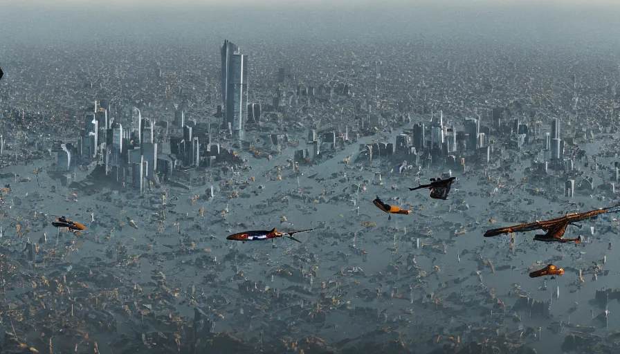 Prompt: people sitting on a hill watching flooded los angeles with multiple boris johnsons flying above the city, hyperdetailed, artstation, cgsociety, 8 k