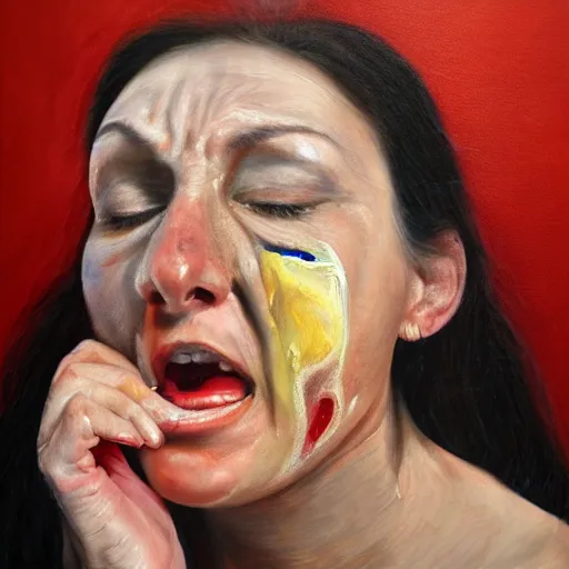 Prompt: Woman in pain after stubbing her toe badly, hurting, oil painting, photorealism