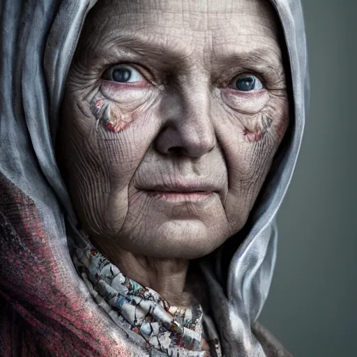 Image similar to hyperrealistic mixed media high resolution image of a Ukrainian grandmother, stunning 3d render inspired art by István Sándorfi and Greg Rutkowski and Unreal Engine, perfect symmetry, dim volumetric lighting, 8k octane beautifully detailed render, post-processing, extremely hyper-detailed, intricate, epic composition, highly detailed attributes, highly detailed atmosphere, full body shot, cinematic lighting, masterpiece, trending on artstation, very very detailed, masterpiece, stunning, flawless structure, lifelike texture, perfection,