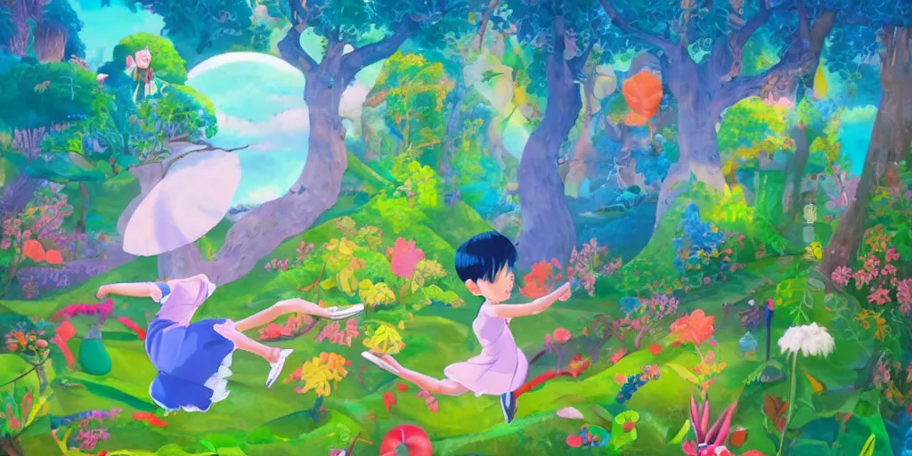 Image similar to a young boy practicing ballet in the backyard of a castle, illustration, digital art, flat painting, vivid colors, flat colors, cinematic, surreal, wide angle, made by chiho aoshima, inspired by studio ghibli, trending on artstation, detailed