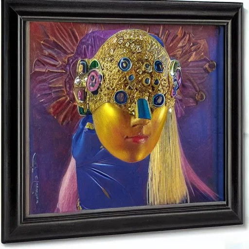 Image similar to the robot in her bejeweled bird mask, by Annie Swynnerton and Diego Rivera, symbolist, dramatic lighting, elaborate geometric ornament, Art Deco,god rays, soft cool colors,smooth, sharp focus, extremely detailed, Adolf Wölfli