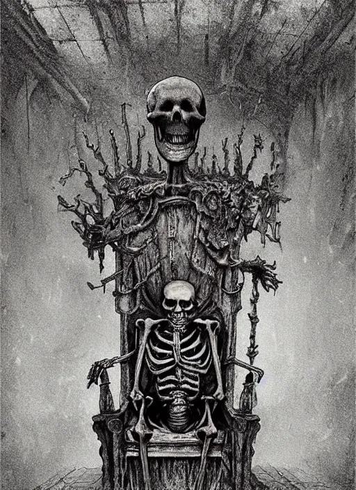 Prompt: a skeleton with a sinister crown slumped on a throne in a dark and decrepit subway car, foggy ambience, blue tinted, fluid, smooth, bright colours, high contrast, sharpness, beautiful, peaceful, very detailed, intricate, volumetric lighting, by giger and corben and moebius and beksinski and bosch and bacon