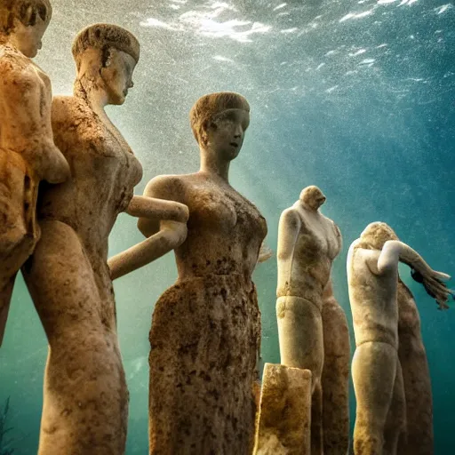 Image similar to underwater photograph of ancient greek ruins with rotting mannequins and smudged makeup in various poses, elegant jellyfish, exploration, national geographic, volumetric lighting