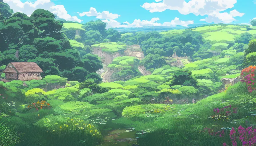 Image similar to A beautiful Yorkshire countryside in the style of Studio Ghibli, illustrated by Kazuo Oga, Hayao Miyazaki, trending on artstation, HD, 4K