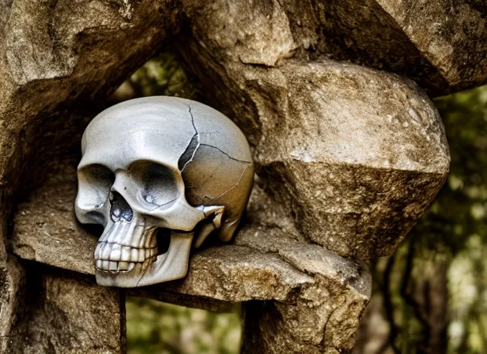 Image similar to crystal skull encased in a crystal box On a pedestal in ancient ruins in the forest. Highly detailed 8k. Intricate. Nikon d850 55mm. Award winning photography.